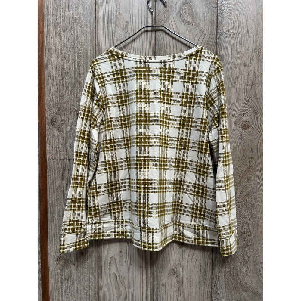 AnyBody Womens Large Plaid Long Sleeve Crew Neck Top Olive Green Cream Cotton - Picture 6 of 7